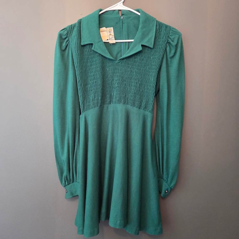 Vintage‎ 60s Jody of California Green Smocked Mod Mini Dress Long Sleeve READ